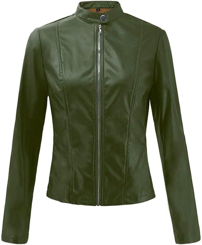 imageWomens Faux Leather Jackets Moto Biker Short Coat Jacket Zip Up Fall Fashion Motorcycle Jackets Trendy ClothesArmy Green