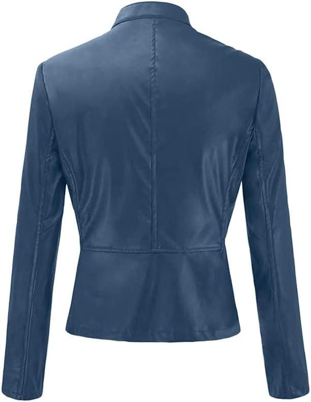imageWomens Faux Leather Jackets Moto Biker Short Coat Jacket Zip Up Fall Fashion Motorcycle Jackets Trendy ClothesDark Blue