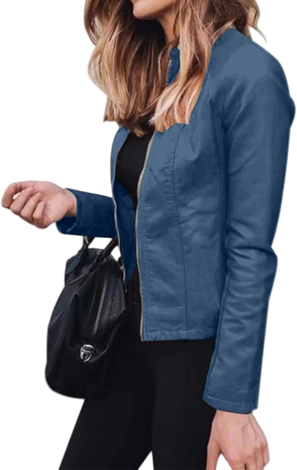 imageWomens Faux Leather Jackets Moto Biker Short Coat Jacket Zip Up Fall Fashion Motorcycle Jackets Trendy ClothesDark Blue