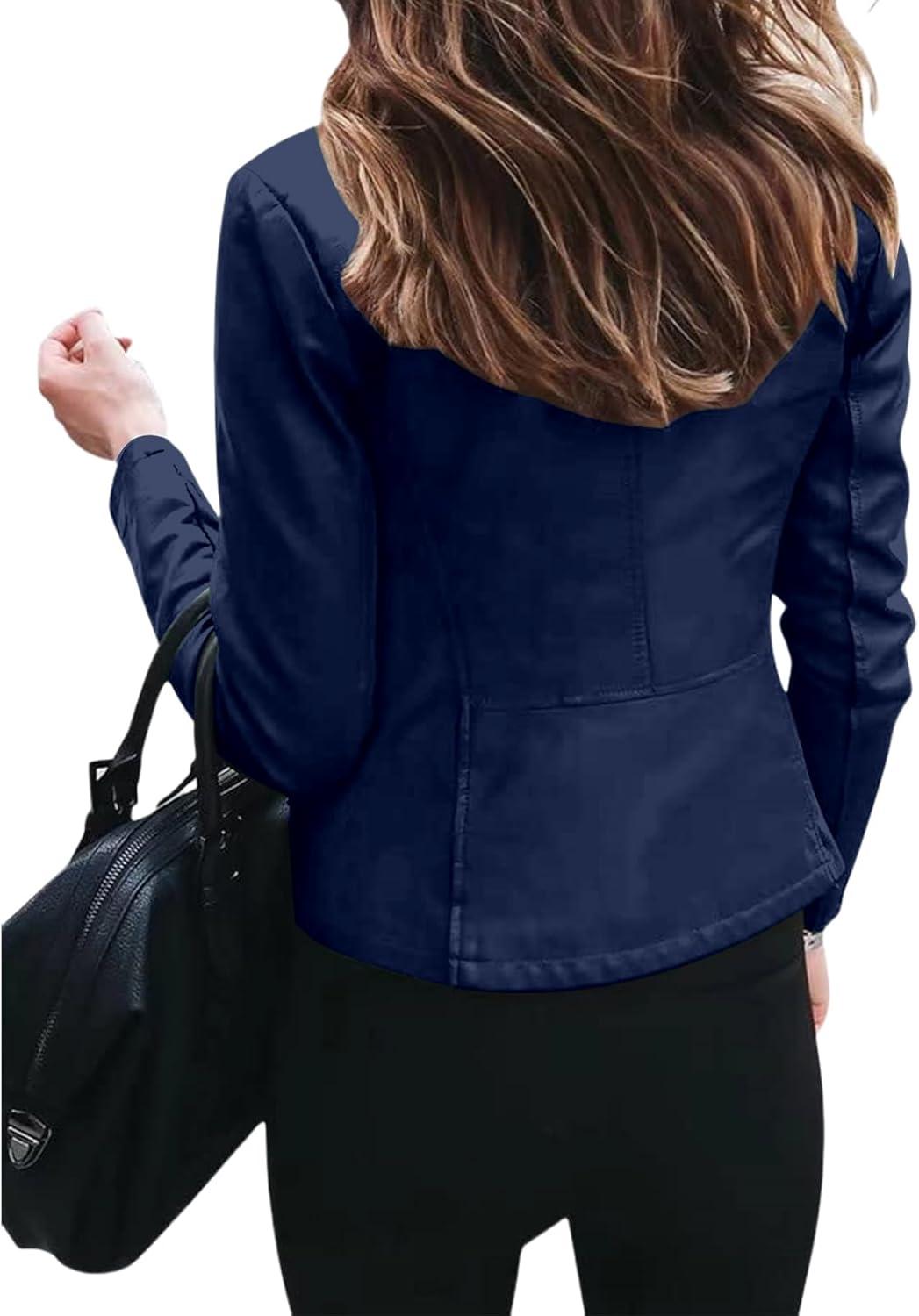 imageWomens Faux Leather Jackets Moto Biker Short Coat Jacket Zip Up Fall Fashion Motorcycle Jackets Trendy ClothesDark Blue