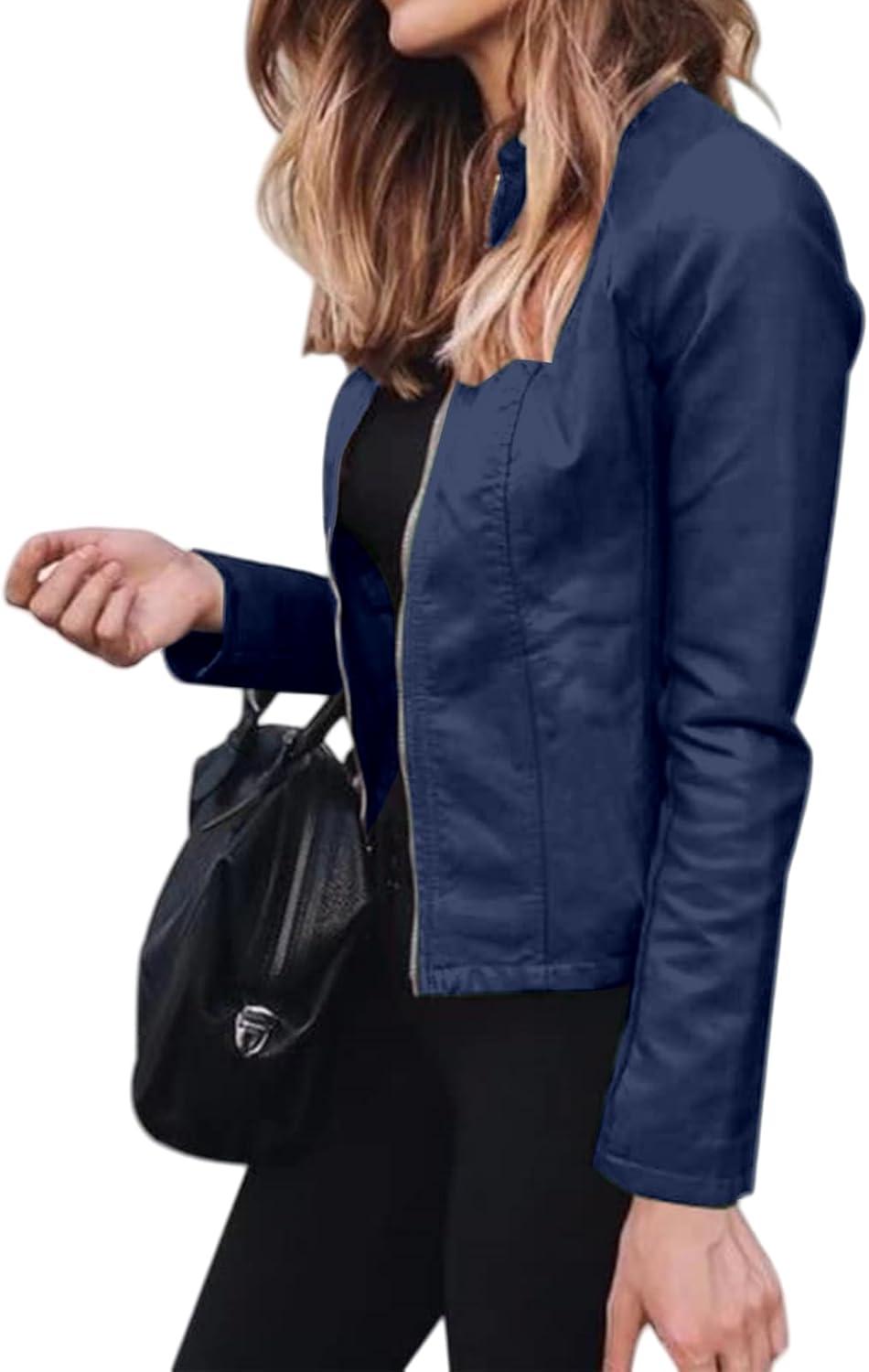 imageWomens Faux Leather Jackets Moto Biker Short Coat Jacket Zip Up Fall Fashion Motorcycle Jackets Trendy ClothesDark Blue