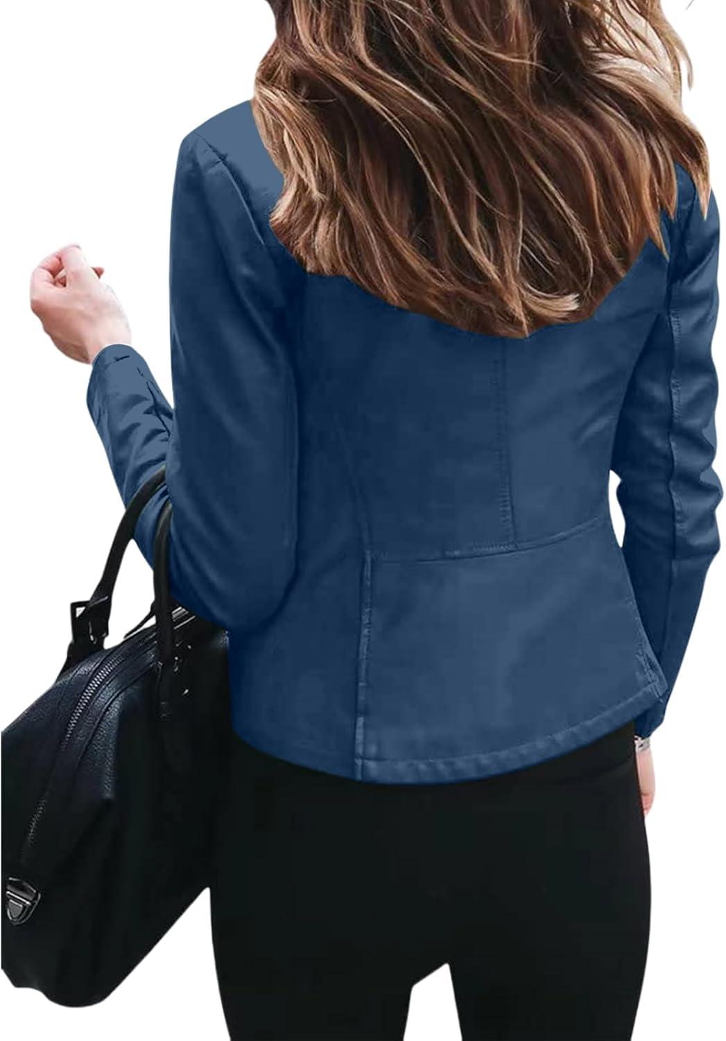 imageWomens Faux Leather Jackets Moto Biker Short Coat Jacket Zip Up Fall Fashion Motorcycle Jackets Trendy ClothesDark Blue