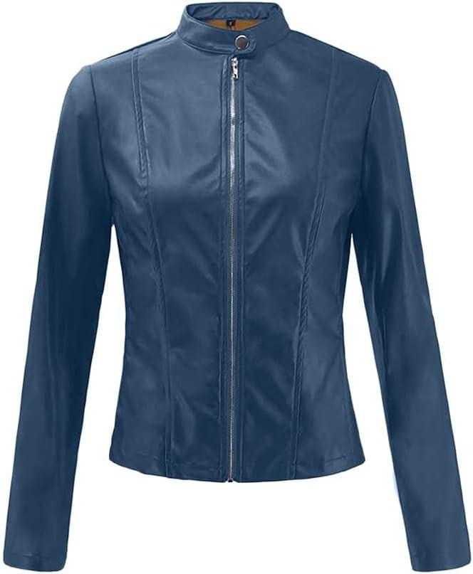 imageWomens Faux Leather Jackets Moto Biker Short Coat Jacket Zip Up Fall Fashion Motorcycle Jackets Trendy ClothesDark Blue