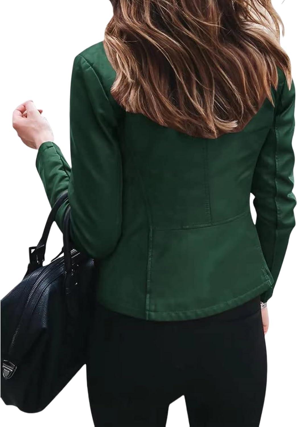 imageWomens Faux Leather Jackets Moto Biker Short Coat Jacket Zip Up Fall Fashion Motorcycle Jackets Trendy ClothesGreen