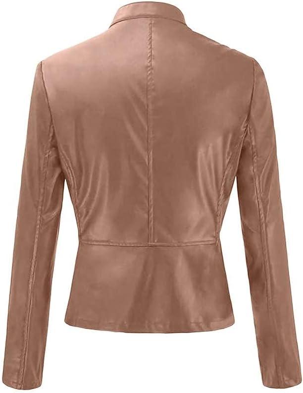 imageWomens Faux Leather Jackets Moto Biker Short Coat Jacket Zip Up Fall Fashion Motorcycle Jackets Trendy ClothesKhaki
