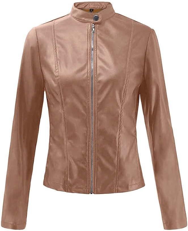 imageWomens Faux Leather Jackets Moto Biker Short Coat Jacket Zip Up Fall Fashion Motorcycle Jackets Trendy ClothesKhaki