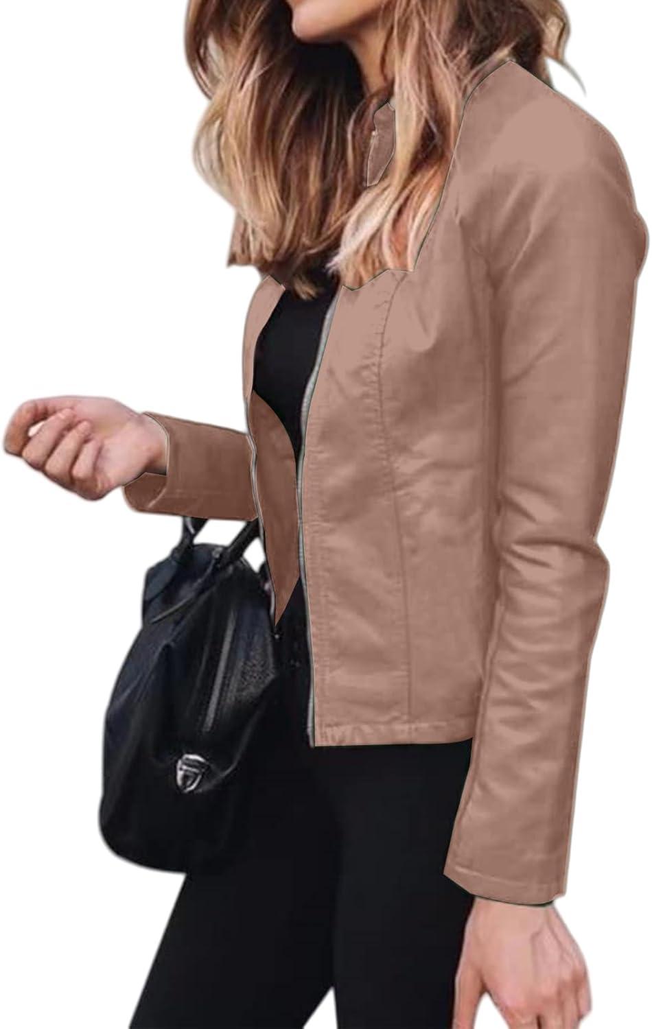 imageWomens Faux Leather Jackets Moto Biker Short Coat Jacket Zip Up Fall Fashion Motorcycle Jackets Trendy ClothesKhaki