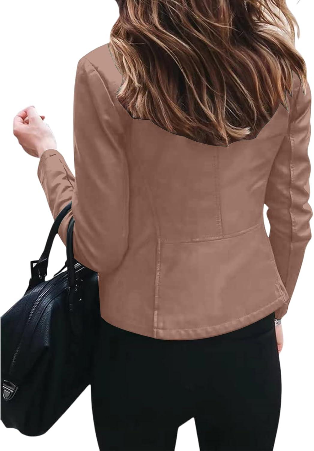 imageWomens Faux Leather Jackets Moto Biker Short Coat Jacket Zip Up Fall Fashion Motorcycle Jackets Trendy ClothesKhaki