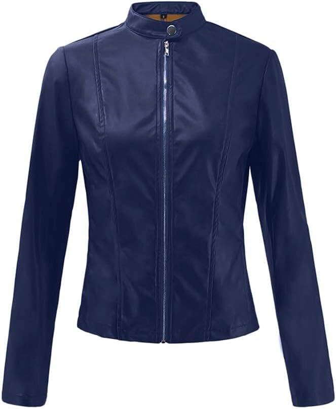 imageWomens Faux Leather Jackets Moto Biker Short Coat Jacket Zip Up Fall Fashion Motorcycle Jackets Trendy ClothesNavy