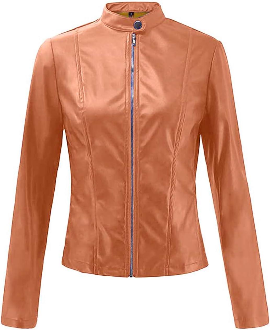 imageWomens Faux Leather Jackets Moto Biker Short Coat Jacket Zip Up Fall Fashion Motorcycle Jackets Trendy ClothesOrange