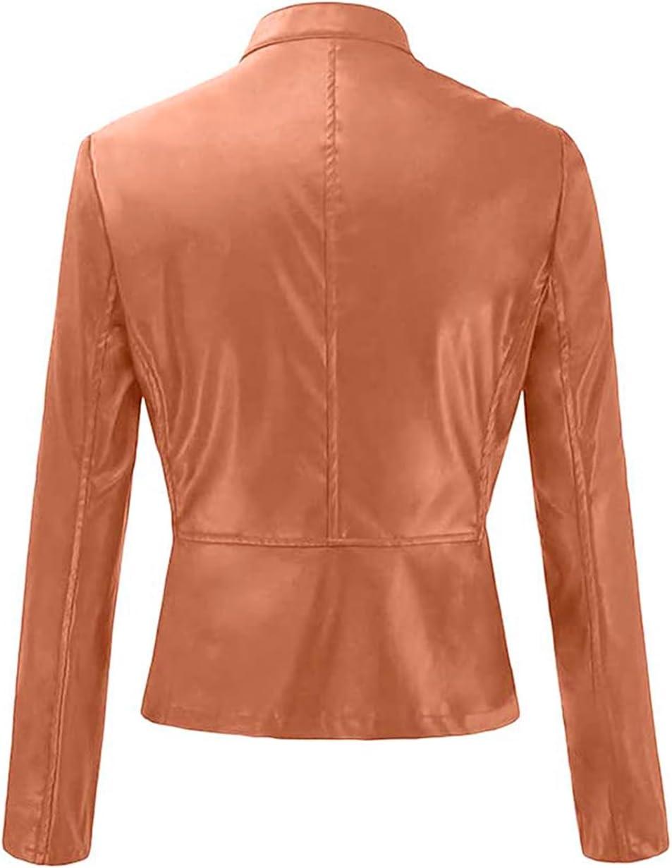 imageWomens Faux Leather Jackets Moto Biker Short Coat Jacket Zip Up Fall Fashion Motorcycle Jackets Trendy ClothesOrange