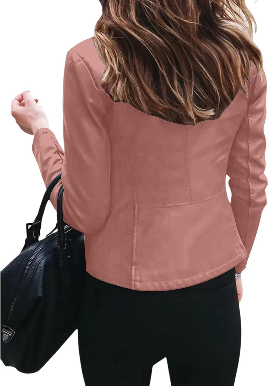 imageWomens Faux Leather Jackets Moto Biker Short Coat Jacket Zip Up Fall Fashion Motorcycle Jackets Trendy ClothesPink