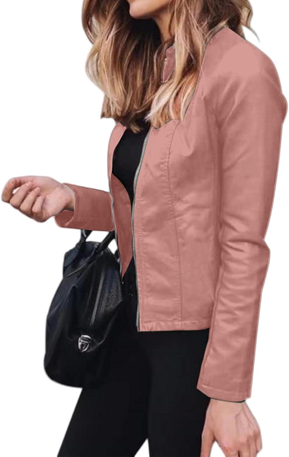 imageWomens Faux Leather Jackets Moto Biker Short Coat Jacket Zip Up Fall Fashion Motorcycle Jackets Trendy ClothesPink