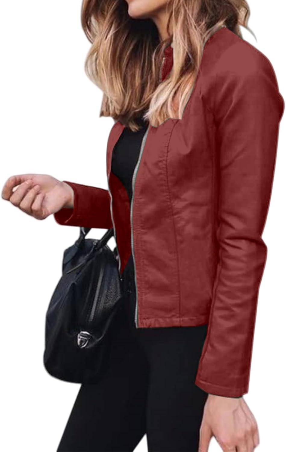 imageWomens Faux Leather Jackets Moto Biker Short Coat Jacket Zip Up Fall Fashion Motorcycle Jackets Trendy ClothesWatermelon Red