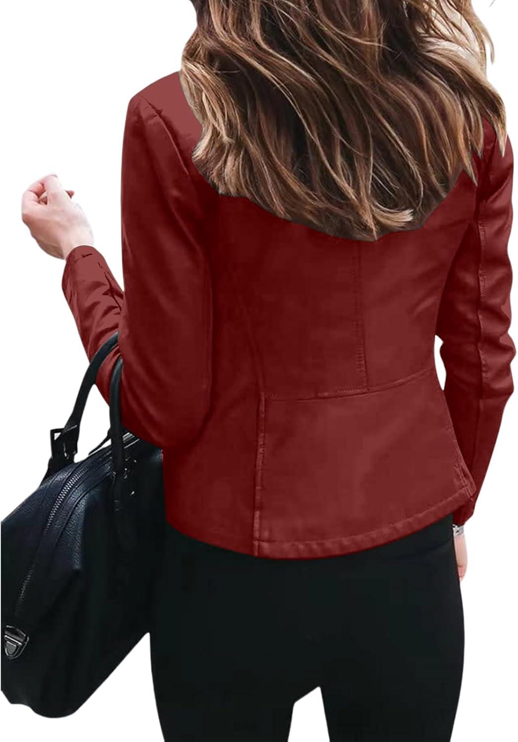 imageWomens Faux Leather Jackets Moto Biker Short Coat Jacket Zip Up Fall Fashion Motorcycle Jackets Trendy ClothesWatermelon Red