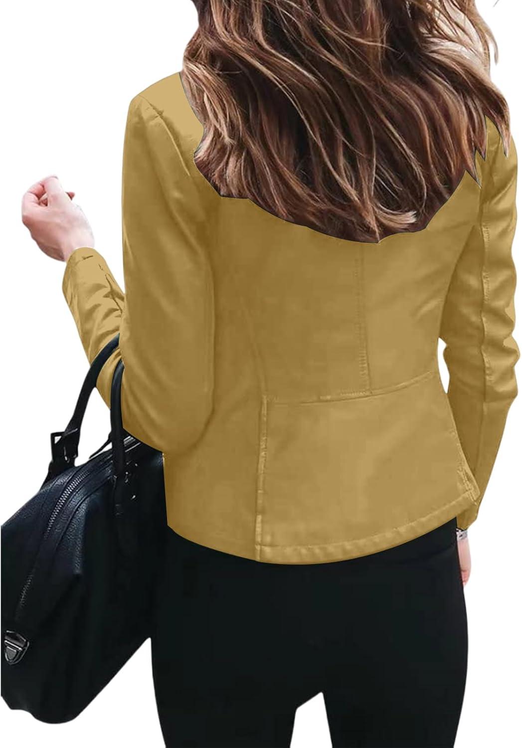 imageWomens Faux Leather Jackets Moto Biker Short Coat Jacket Zip Up Fall Fashion Motorcycle Jackets Trendy ClothesYellow