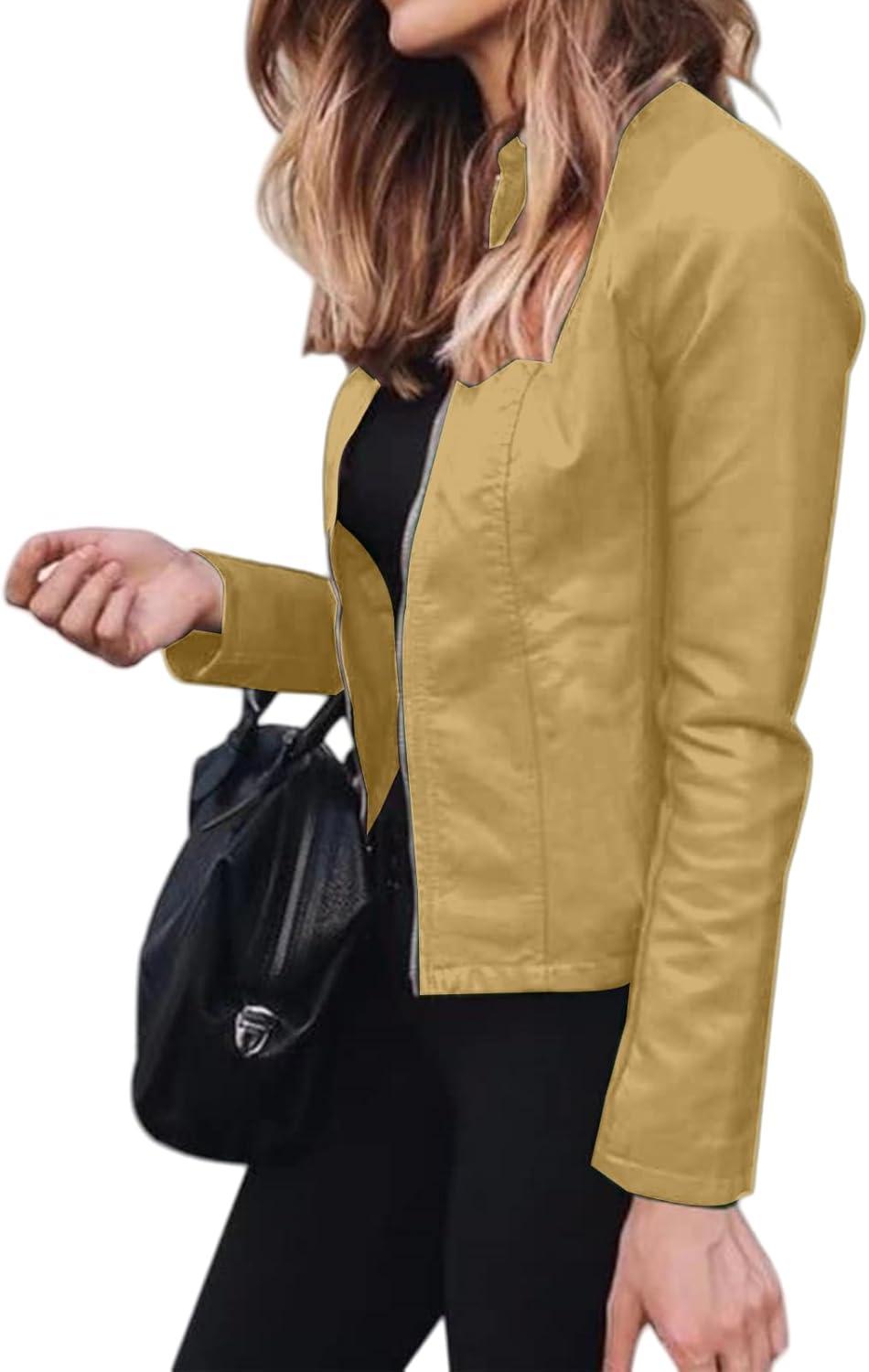 imageWomens Faux Leather Jackets Moto Biker Short Coat Jacket Zip Up Fall Fashion Motorcycle Jackets Trendy ClothesYellow