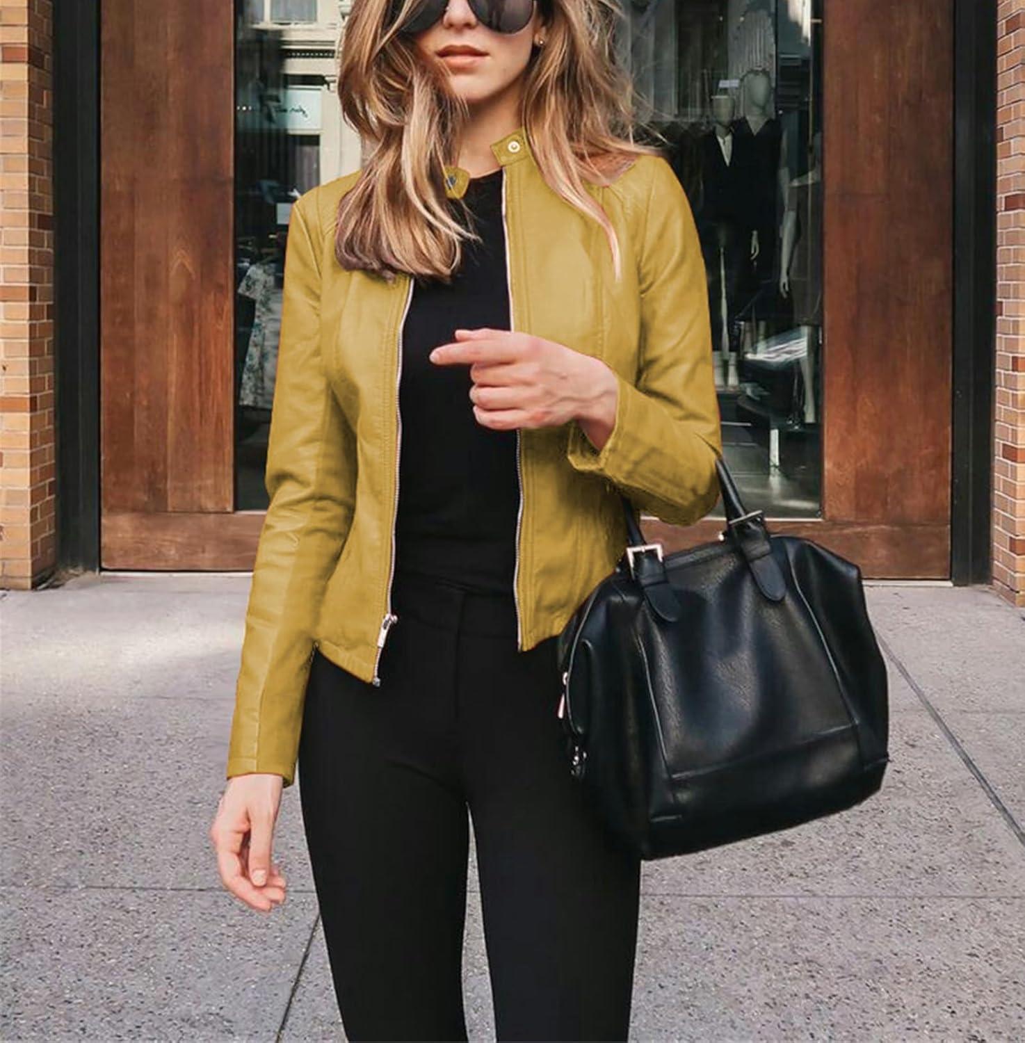 imageWomens Faux Leather Jackets Moto Biker Short Coat Jacket Zip Up Fall Fashion Motorcycle Jackets Trendy ClothesYellow