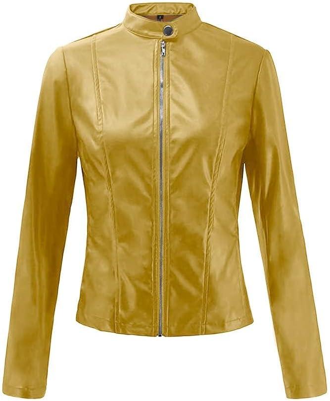 imageWomens Faux Leather Jackets Moto Biker Short Coat Jacket Zip Up Fall Fashion Motorcycle Jackets Trendy ClothesYellow