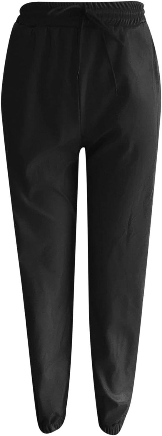 imageWomens High Waisted Stretch Leather Pants Pu Coated Legging Juniors Drawstring Athleisure Ankle Length Jogger PantsBlack