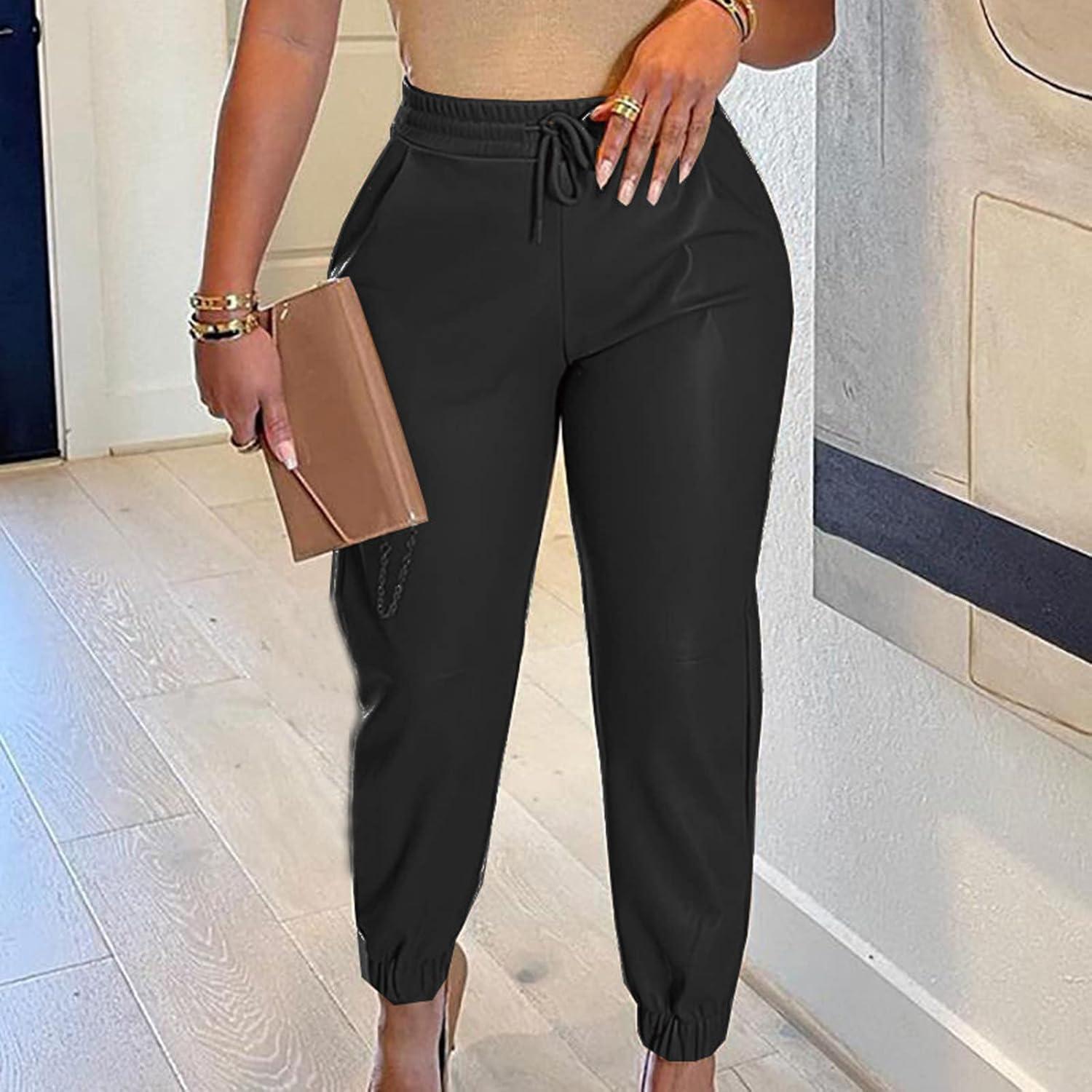 imageWomens High Waisted Stretch Leather Pants Pu Coated Legging Juniors Drawstring Athleisure Ankle Length Jogger PantsBlack