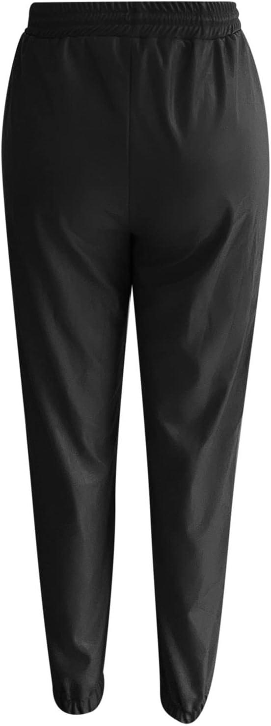 imageWomens High Waisted Stretch Leather Pants Pu Coated Legging Juniors Drawstring Athleisure Ankle Length Jogger PantsBlack