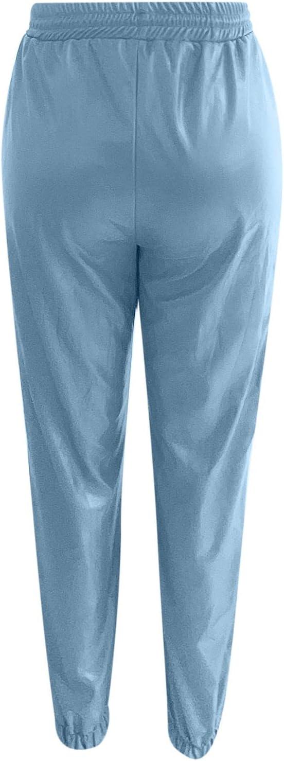 imageWomens High Waisted Stretch Leather Pants Pu Coated Legging Juniors Drawstring Athleisure Ankle Length Jogger PantsBlue