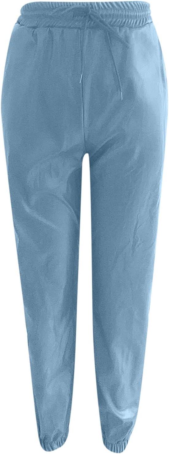imageWomens High Waisted Stretch Leather Pants Pu Coated Legging Juniors Drawstring Athleisure Ankle Length Jogger PantsBlue