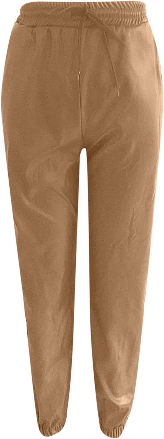 imageWomens High Waisted Stretch Leather Pants Pu Coated Legging Juniors Drawstring Athleisure Ankle Length Jogger PantsKhaki