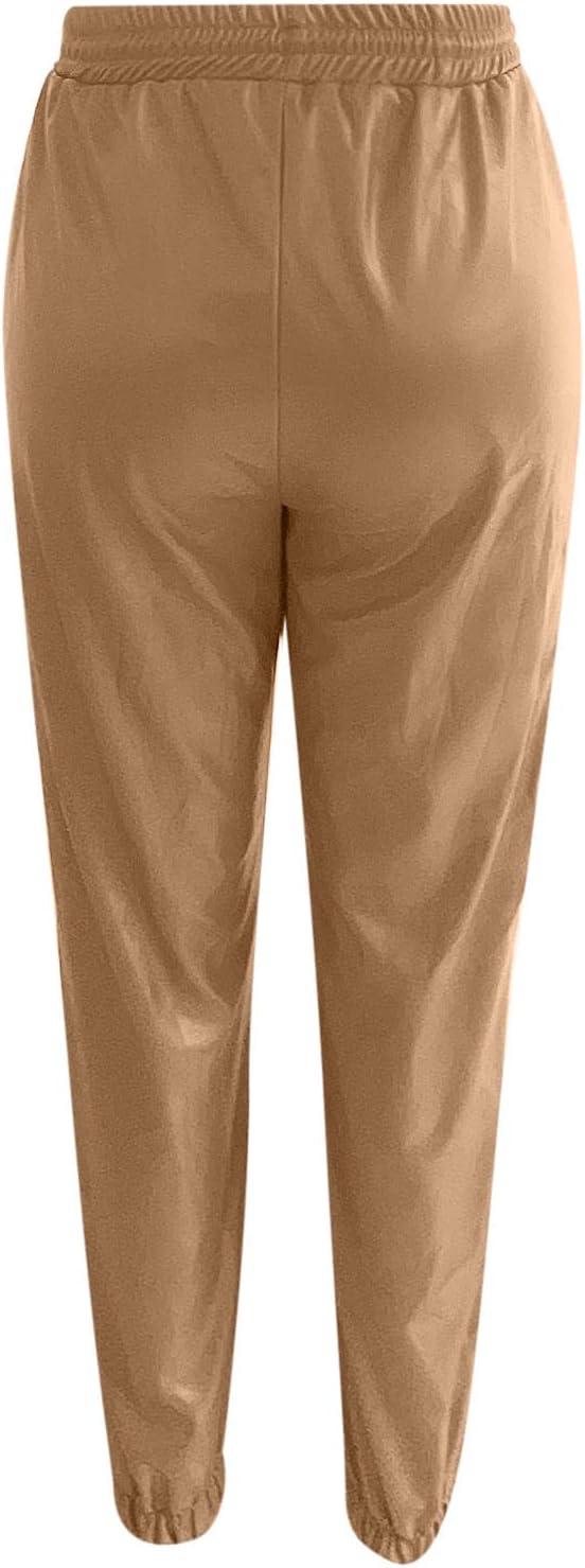 imageWomens High Waisted Stretch Leather Pants Pu Coated Legging Juniors Drawstring Athleisure Ankle Length Jogger PantsKhaki