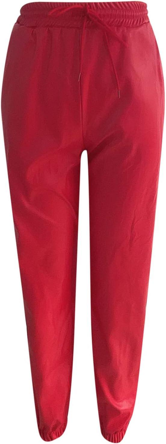 imageWomens High Waisted Stretch Leather Pants Pu Coated Legging Juniors Drawstring Athleisure Ankle Length Jogger PantsRed