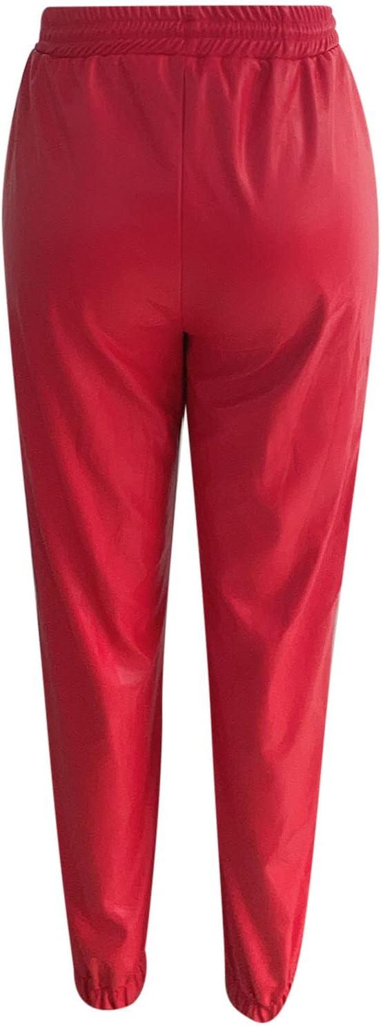 imageWomens High Waisted Stretch Leather Pants Pu Coated Legging Juniors Drawstring Athleisure Ankle Length Jogger PantsRed