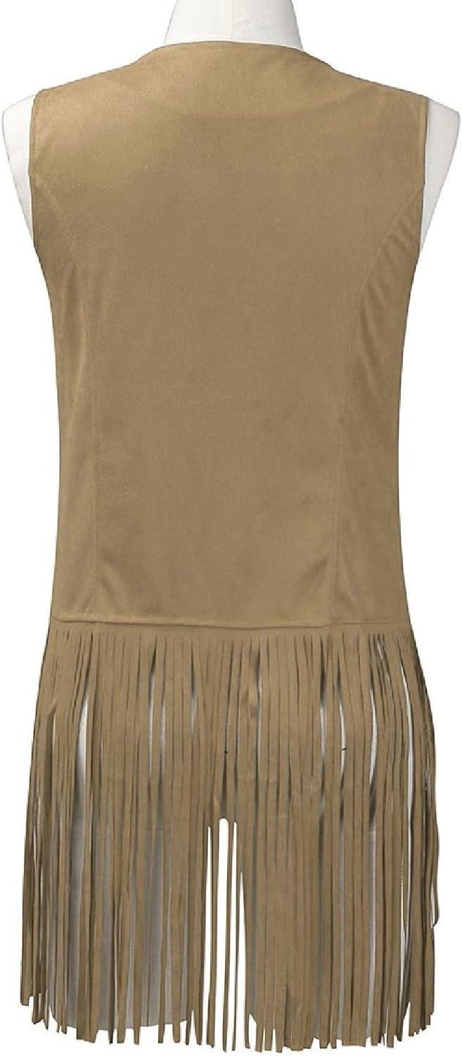imageWomens Vintage Western Fringe Vest Tops Classic Suede Leather 70s Cowboy Shirt Sleeveless Tassels Cardigan JacketsBeige