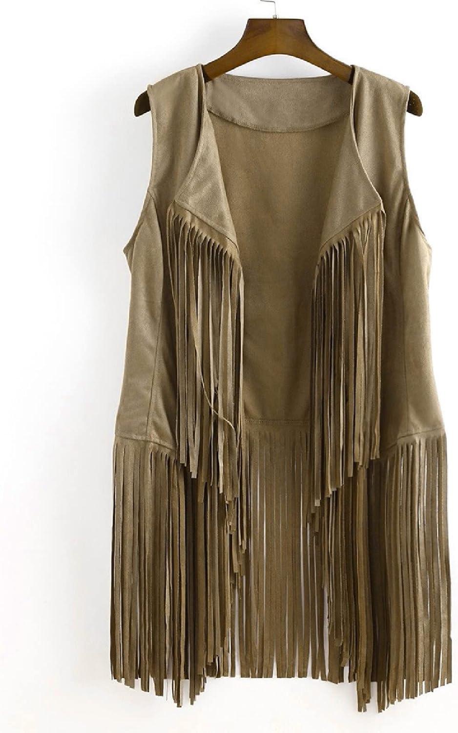 imageWomens Vintage Western Fringe Vest Tops Classic Suede Leather 70s Cowboy Shirt Sleeveless Tassels Cardigan JacketsBeige