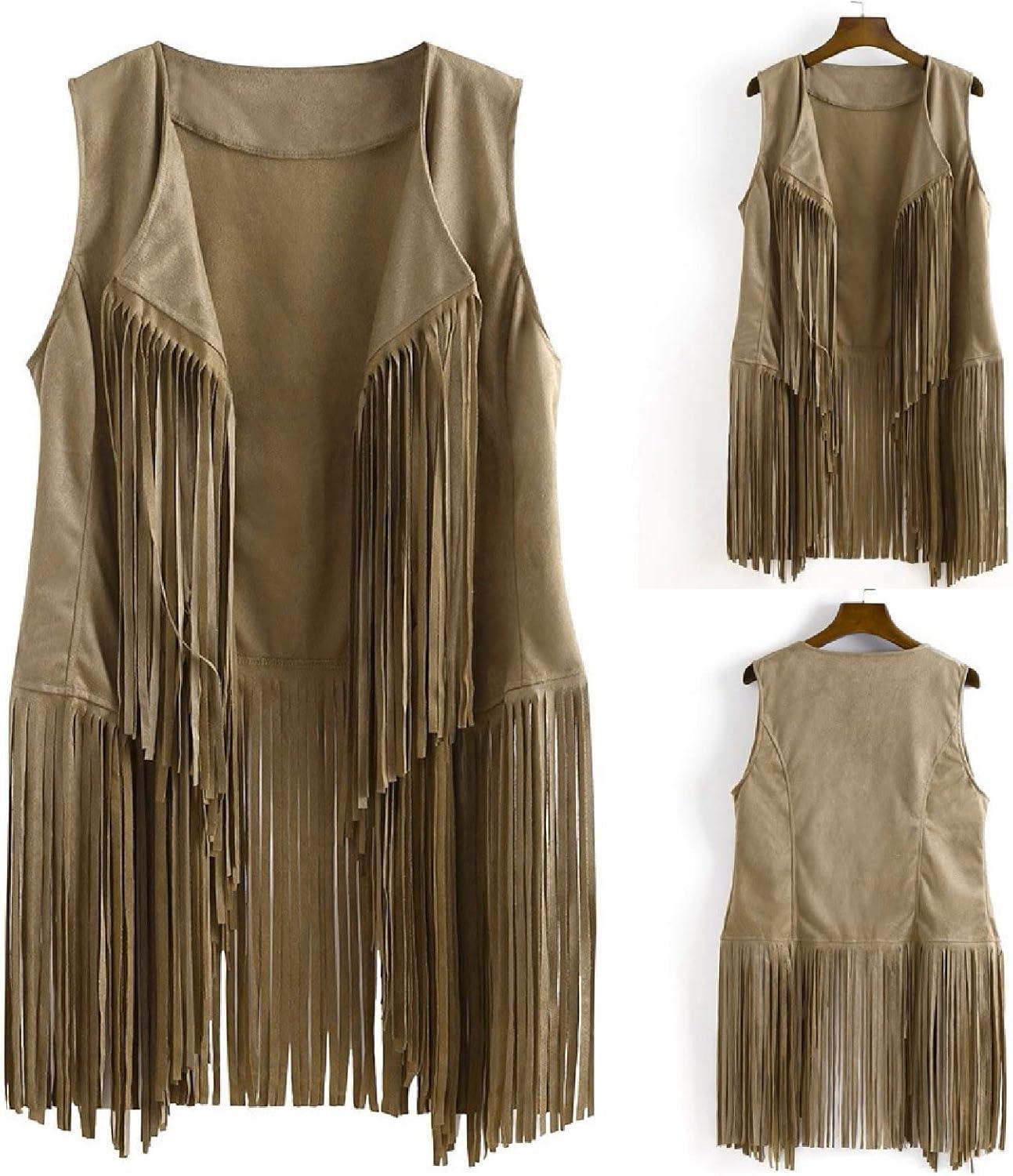 imageWomens Vintage Western Fringe Vest Tops Classic Suede Leather 70s Cowboy Shirt Sleeveless Tassels Cardigan JacketsBeige