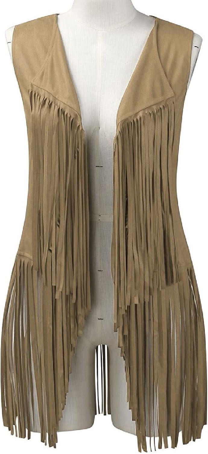 imageWomens Vintage Western Fringe Vest Tops Classic Suede Leather 70s Cowboy Shirt Sleeveless Tassels Cardigan JacketsBeige