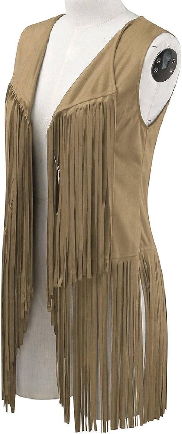 imageWomens Vintage Western Fringe Vest Tops Classic Suede Leather 70s Cowboy Shirt Sleeveless Tassels Cardigan JacketsBeige