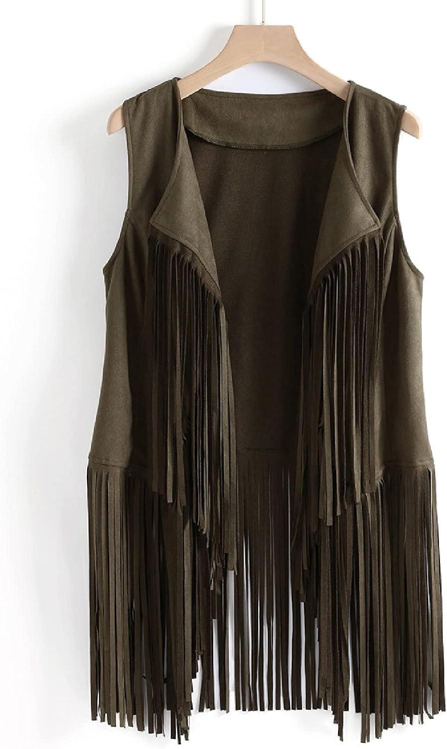 imageWomens Vintage Western Fringe Vest Tops Classic Suede Leather 70s Cowboy Shirt Sleeveless Tassels Cardigan JacketsGreen