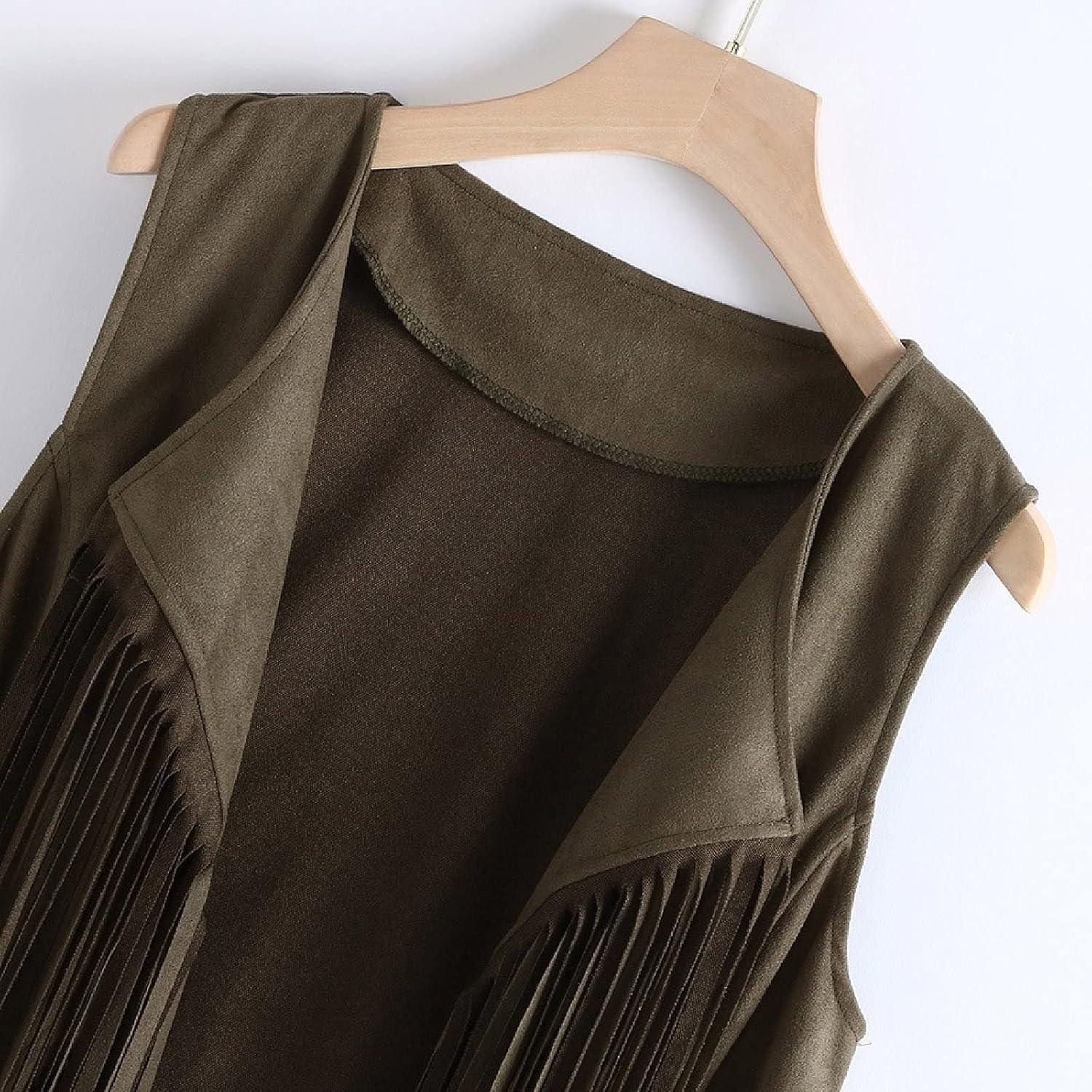 imageWomens Vintage Western Fringe Vest Tops Classic Suede Leather 70s Cowboy Shirt Sleeveless Tassels Cardigan JacketsGreen