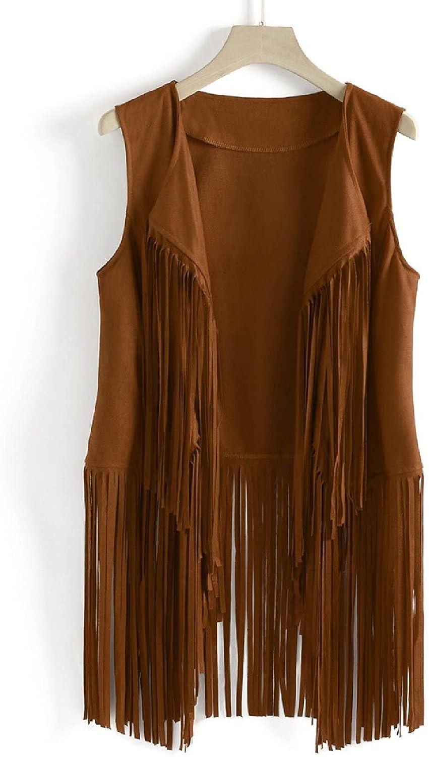 imageWomens Vintage Western Fringe Vest Tops Classic Suede Leather 70s Cowboy Shirt Sleeveless Tassels Cardigan JacketsKhaki