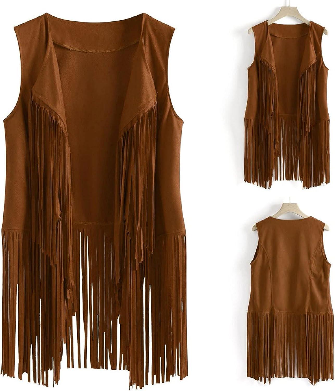 imageWomens Vintage Western Fringe Vest Tops Classic Suede Leather 70s Cowboy Shirt Sleeveless Tassels Cardigan JacketsKhaki