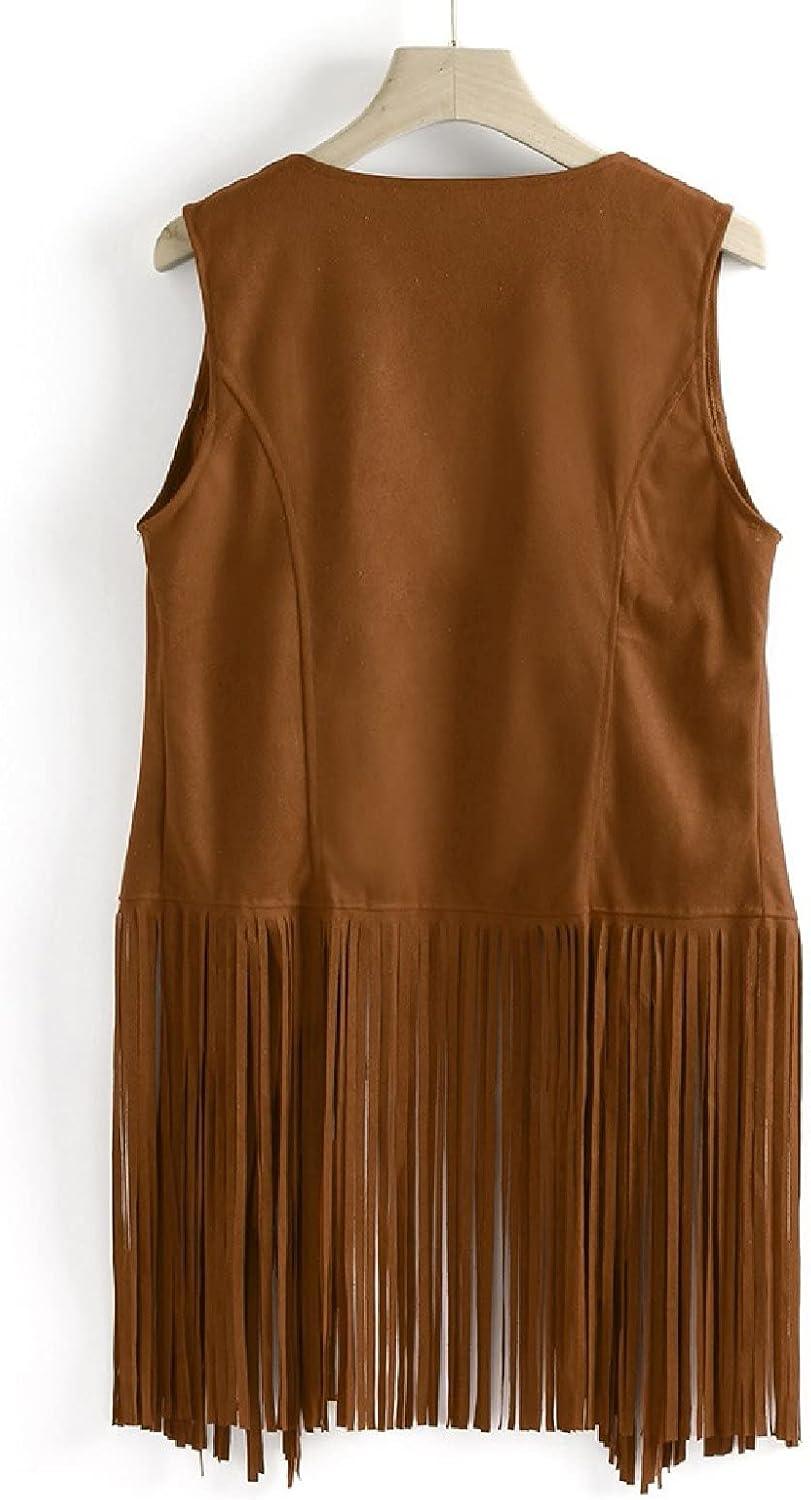 imageWomens Vintage Western Fringe Vest Tops Classic Suede Leather 70s Cowboy Shirt Sleeveless Tassels Cardigan JacketsKhaki