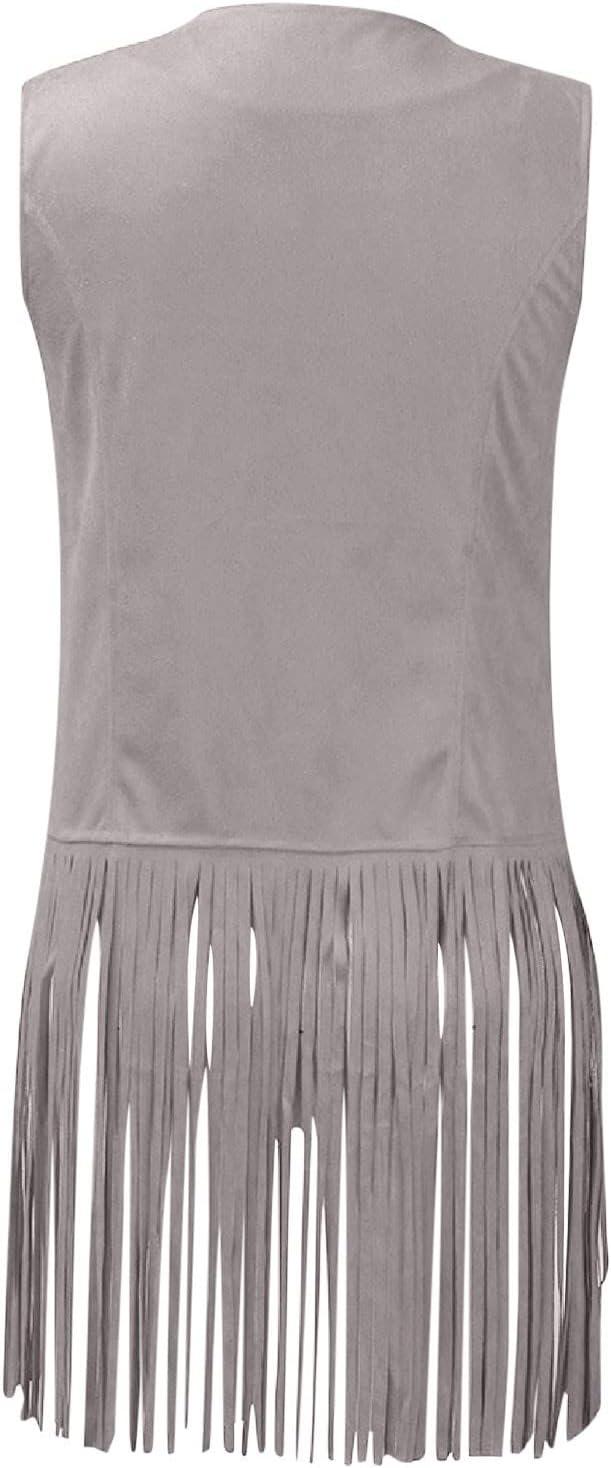 imageWomens Vintage Western Fringe Vest Tops Classic Suede Leather 70s Cowboy Shirt Sleeveless Tassels Cardigan JacketsLight Gray
