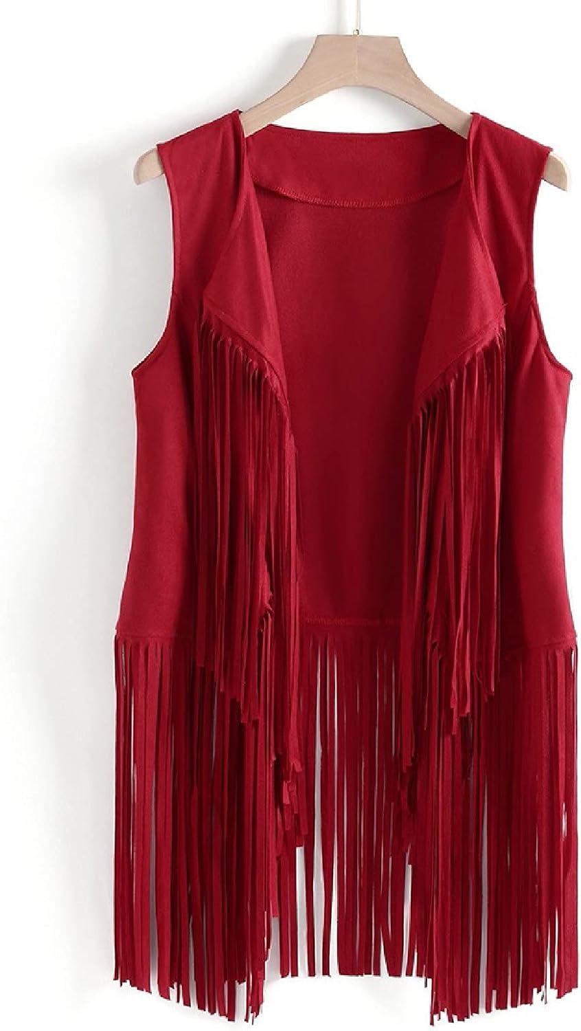 imageWomens Vintage Western Fringe Vest Tops Classic Suede Leather 70s Cowboy Shirt Sleeveless Tassels Cardigan JacketsRed