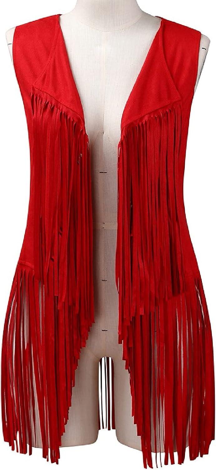 imageWomens Vintage Western Fringe Vest Tops Classic Suede Leather 70s Cowboy Shirt Sleeveless Tassels Cardigan JacketsRed