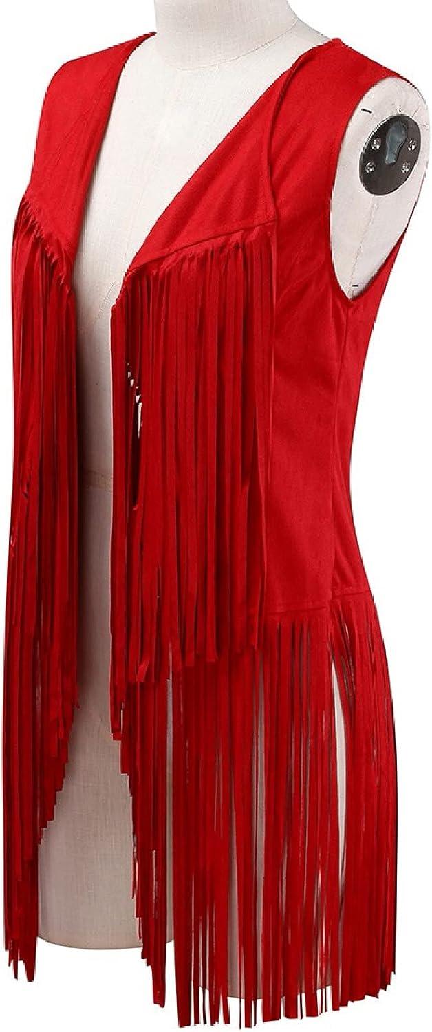 imageWomens Vintage Western Fringe Vest Tops Classic Suede Leather 70s Cowboy Shirt Sleeveless Tassels Cardigan JacketsRed
