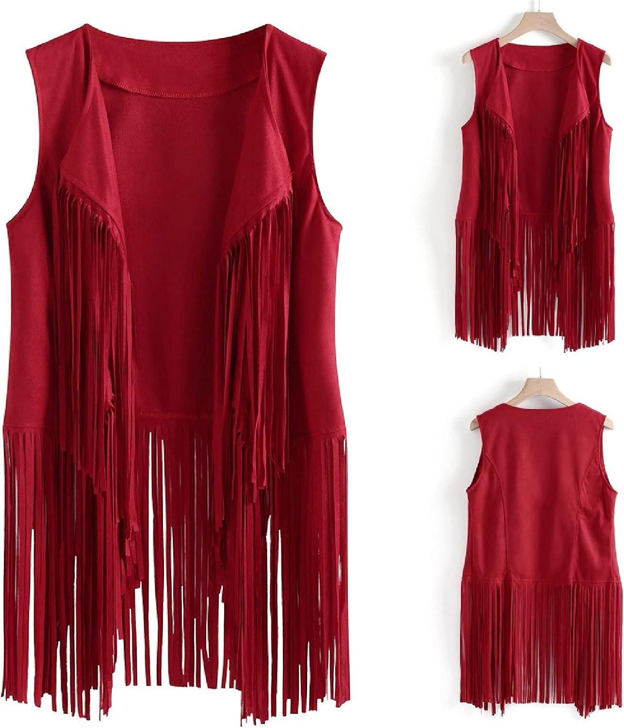 imageWomens Vintage Western Fringe Vest Tops Classic Suede Leather 70s Cowboy Shirt Sleeveless Tassels Cardigan JacketsRed