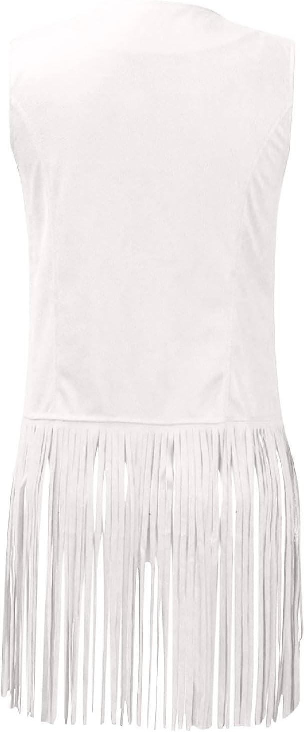imageWomens Vintage Western Fringe Vest Tops Classic Suede Leather 70s Cowboy Shirt Sleeveless Tassels Cardigan JacketsWhite