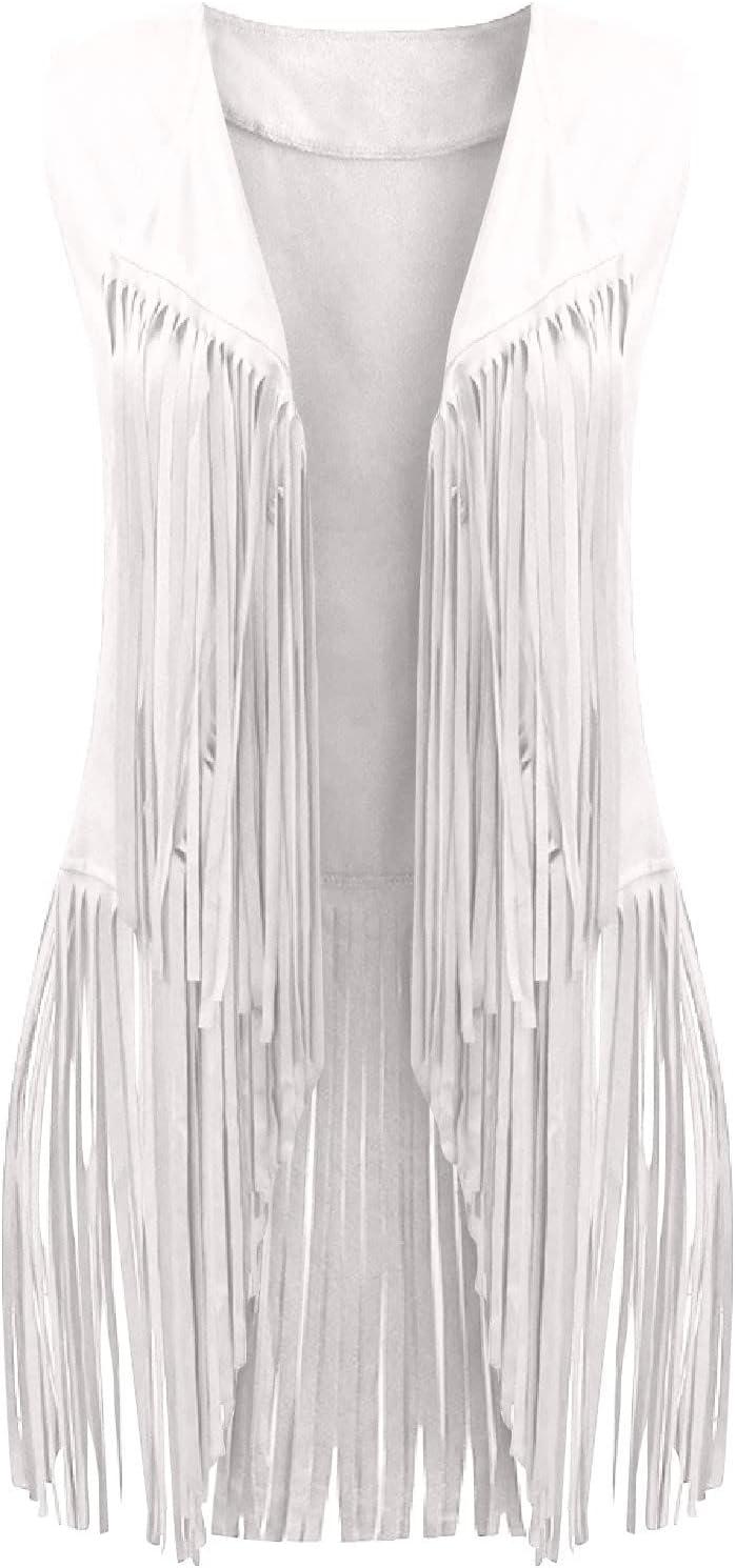 imageWomens Vintage Western Fringe Vest Tops Classic Suede Leather 70s Cowboy Shirt Sleeveless Tassels Cardigan JacketsWhite