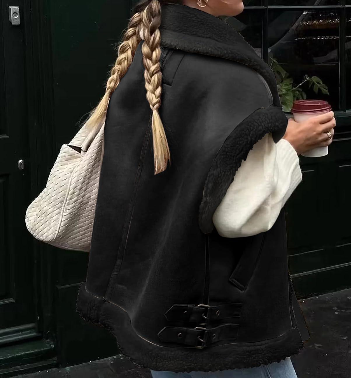imageloveimgs Womens Winter Warm Suede Sherpa Leather Vest Jacket Zip Up Sleeveless Lambwool Fur Coat with PocketsBlack
